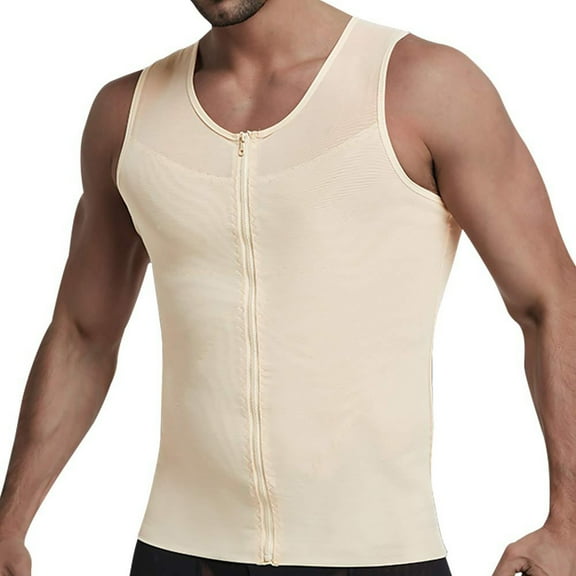Shaperluv For Men Shirt Hide Gynecomastia Moobs Shapewear Breathable Mesh Stretch Tummy Control Zipper Slimming Vest Shapewear Top,Beige,M