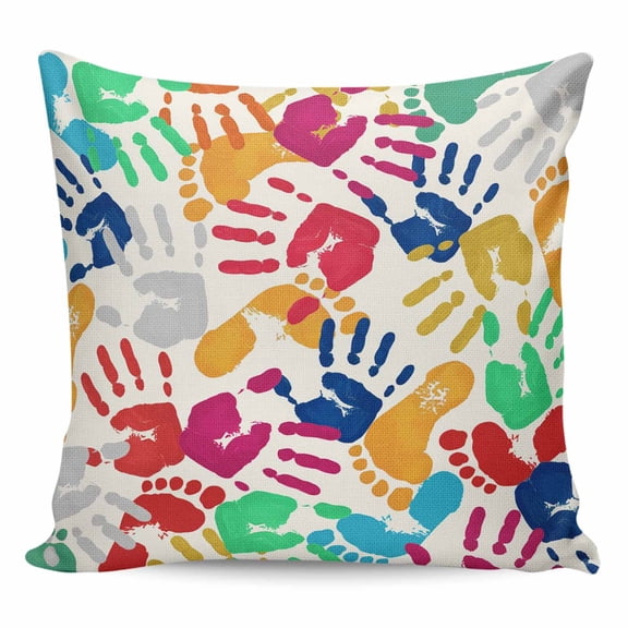 Colorful Handprints Pillow Covers 24x24 Inch Decorative Throw Pillow Cover, Rainbow Abstract Hand Foot Prints Sofa Pillowcases Accent Cushion Case Home Decor Bedroom Living Room