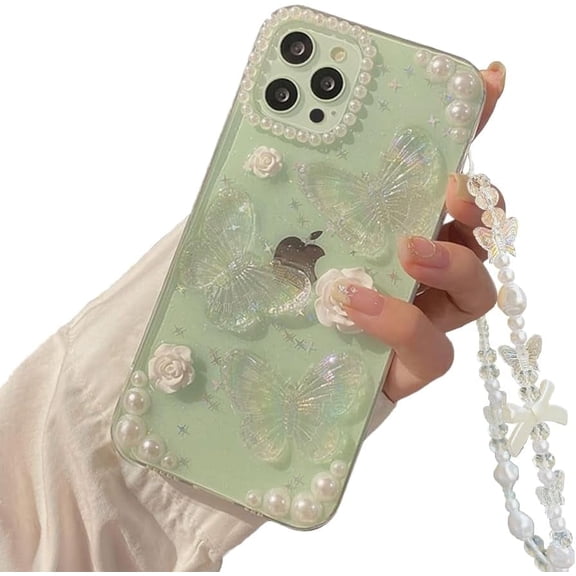Compatible for iPhone 15 Pro Case with Phone Charm Chain,3D Butterfly Flower Pearl Cute Aesthetic Phone Case,Crystal Clear Glitter Protective Case Women Girl for iPhone 15 Pro-6.1''