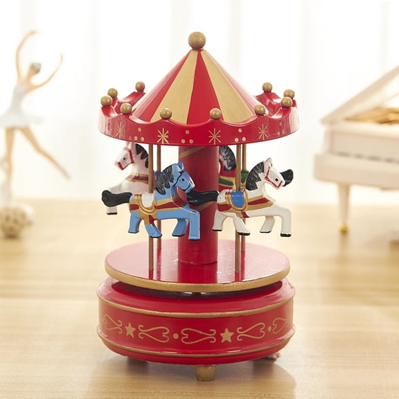 Vintage Pink Wooden Merry-Go-Round Horse Christmas Birthday Gift Carousel Music Box, Clockwork Mechanism Laxury Carousel Music Box