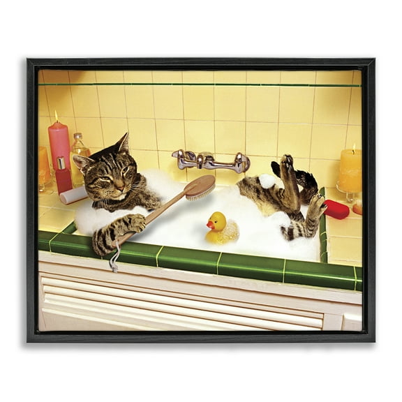 Stupell Industries Cat Bathing in Tub Typography Painting Black Floater Framed Canvas Art Print Wall Art, 21 x 17