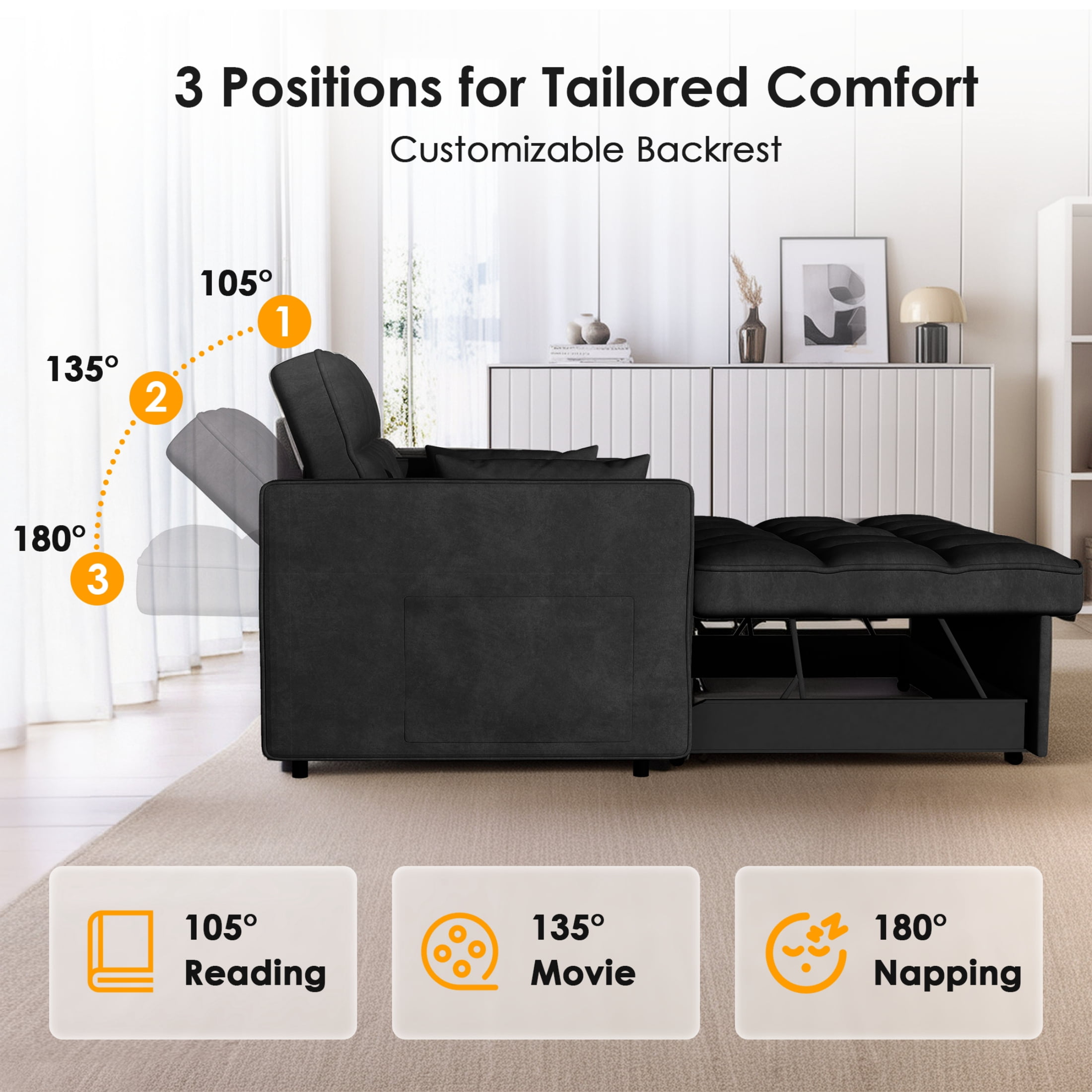 Anpport 3-in-1 Convertible Sleeper Sofa Bed, Pull-Out Loveseat Couch with Adjustable Back, Velvet Fabric, 55", Black