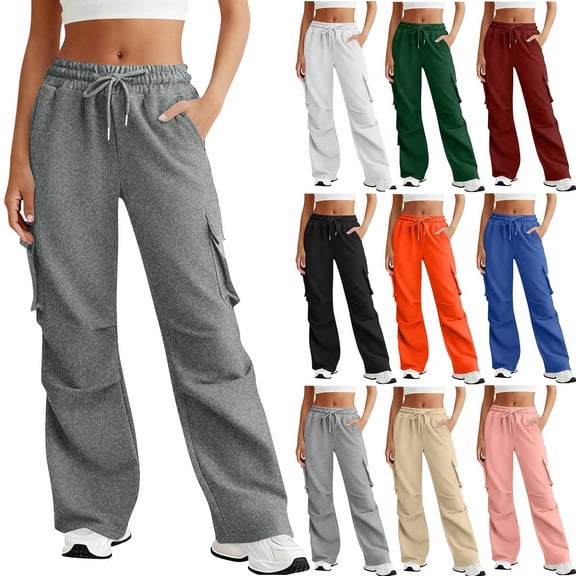 Zedker Cargo Sweatpants for Women Fleece Straight Wide Leg Sweat Baggy Joggers Pants with Pockets