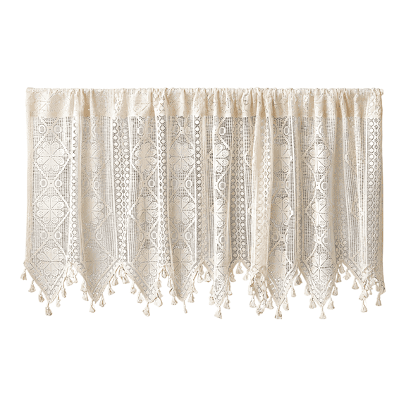 Retro Crochet Curtain Valance, Kitchen Curtains Bohemian with Tassels, Hollow Lace Farmhouse Kitchen Curtains Valances for Cabinet Door, Coffee Shop, Bedroom Window Room Divider