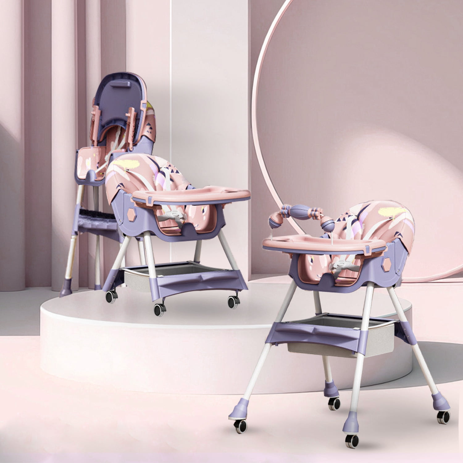 SHIBAILI 4-in-1 Convertible Baby High Chair with Adjustable Height,Foldable,Wheels & Cushion  (Pink+Purple)