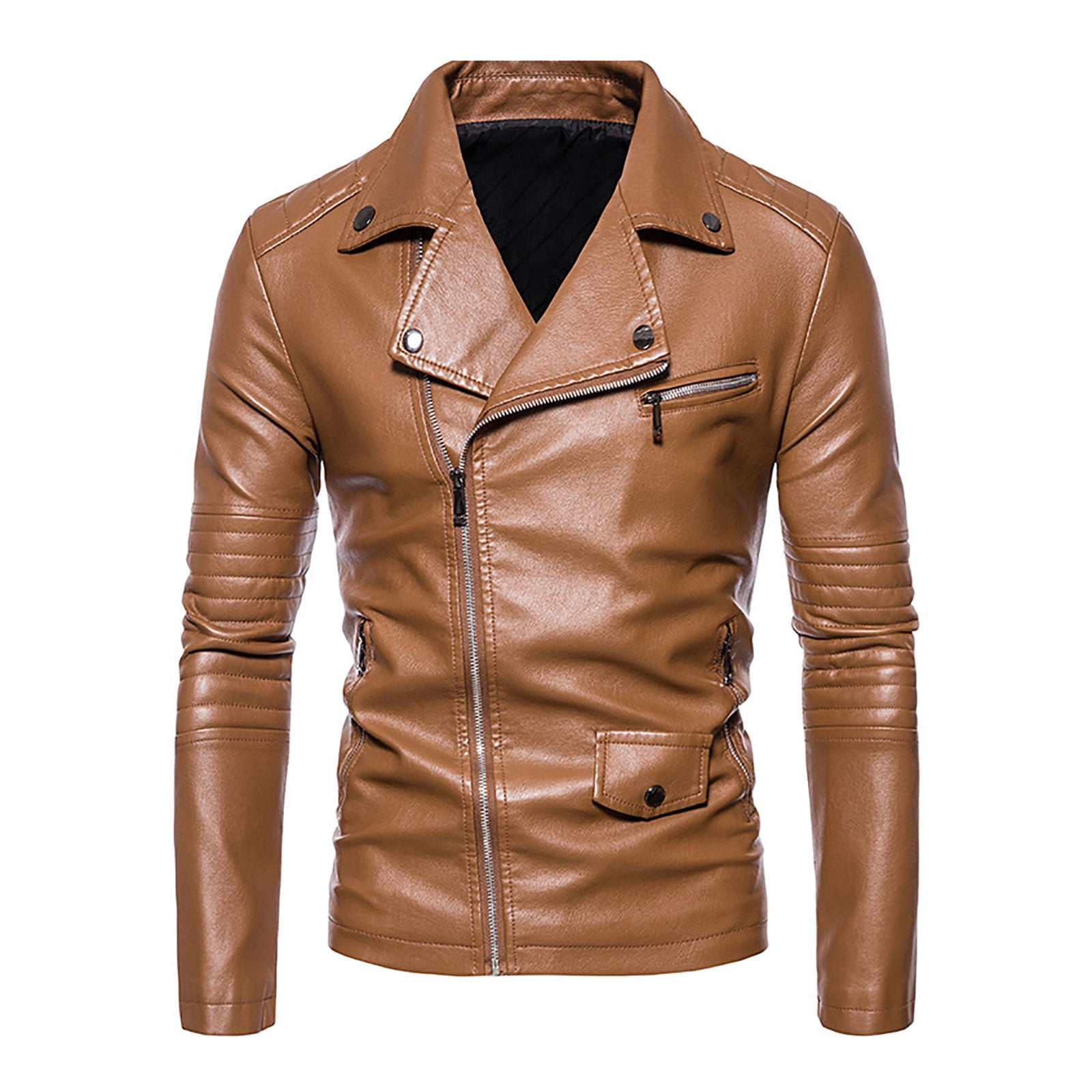 IROINNID Men's Long Sleeve V-Neck Faux Leather Notch Lapel Mid-Length Jacket Solid Color Comfy Autumn Spring And Autumn Faux Leather Jacket