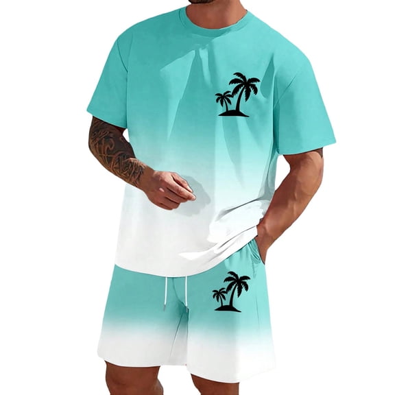 FUZHIQ Summer Beach Vacation Men's Gradient 2 Piece T-Shirt Shorts Set Tree Print Casual Loose Fit Crewneck Short Sleeve Daily Travel Outdoor Hawaiian Outfit,L