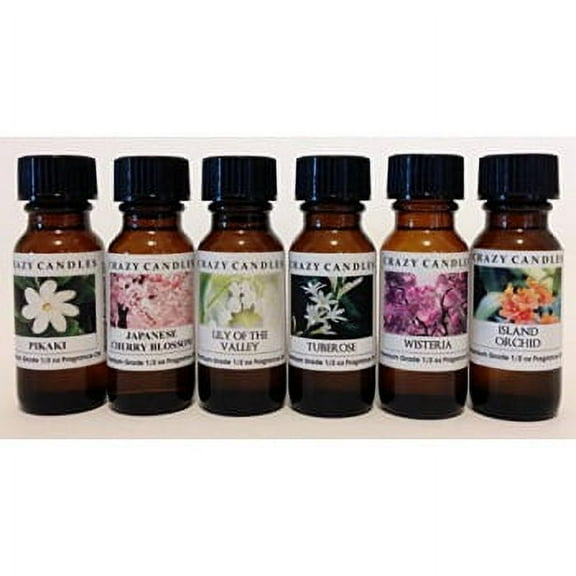 Crazy Candles 6 bottles set, Pikaki, Japanese Cherry Blossom, Lily of the Valley, Tuberose, Wisteria, Island Orchid 1/2 fl oz each (15ml) premium grade scented fragrance oils