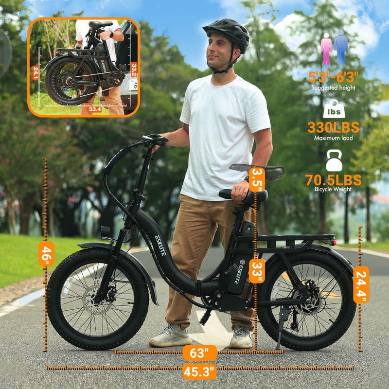 ESKUTE D200 Electric Bike for Adults Teens Students, 750W Peak Motor 28 Mph, 48V 10.4Ah Up to 55 Miles, with 7‑Speed Step‑Through Cargo Fold E Bicycle, NFC Unlock, Black with Front Basket, UL2849