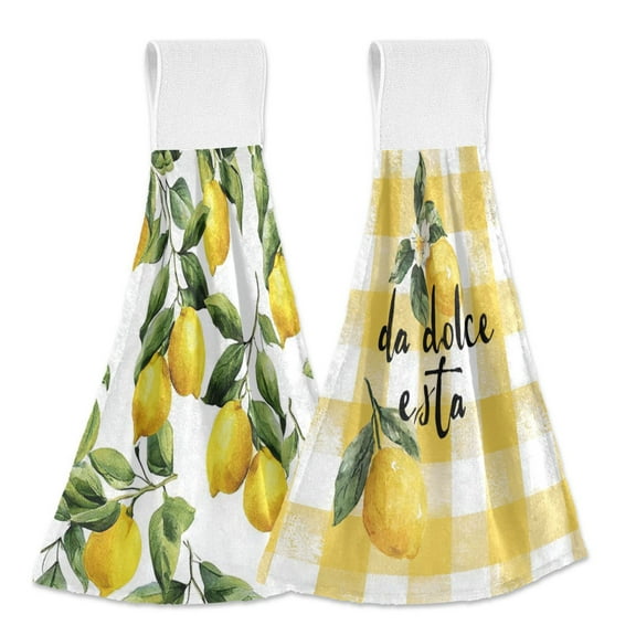 IAUYY Kitchen Hanging Towels Set of 2 100% Polyester Absorbent, Super Soft Hand Towels with Hanging Loops for Bathroom Kitchen Lemon Paired with Green Leaves Lemon Hanging