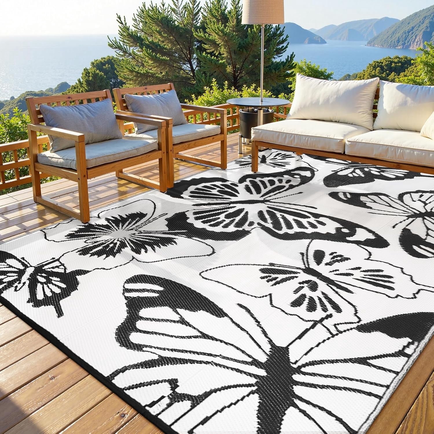 Wonnitar 8x10 Butterfly Outdoor Rug Waterproof, Large Washable Rugs for Outside, Plastic Foldable Black&White Indoor Outdoor Carpet for Patio Balcony
