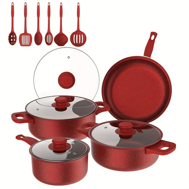 Sdotxa13 Pcs Batterie de Cuisine - Ensembles de Cuisine, Rouge Ensemble de 13 Pcs de Casseroles