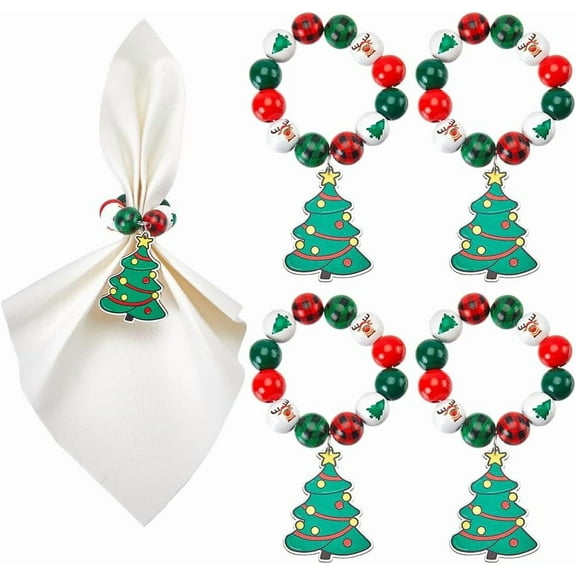 6 Sets Wood Napkin Rings Holiday Napkin Rings Napkin Holder Ring Christmas Tree Green Red Wooden Beads Xmas Winter Beaded Napkin Ring for Christmas Holiday Party Dinner Table Decoration diy