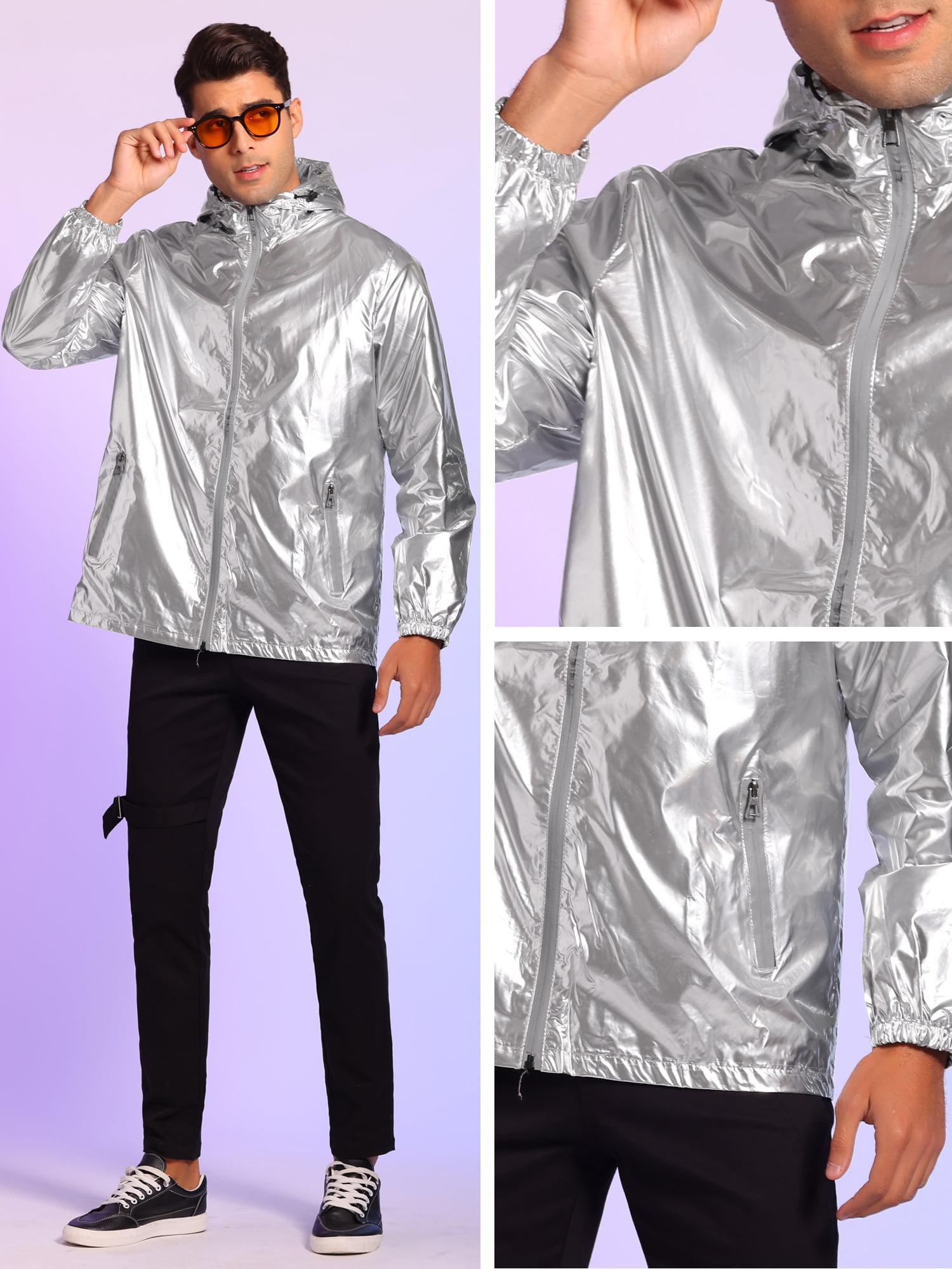 Unique Bargains Men's Metallic Solid Zipper Holographic Hooded Windbreaker Jacket XL Silver