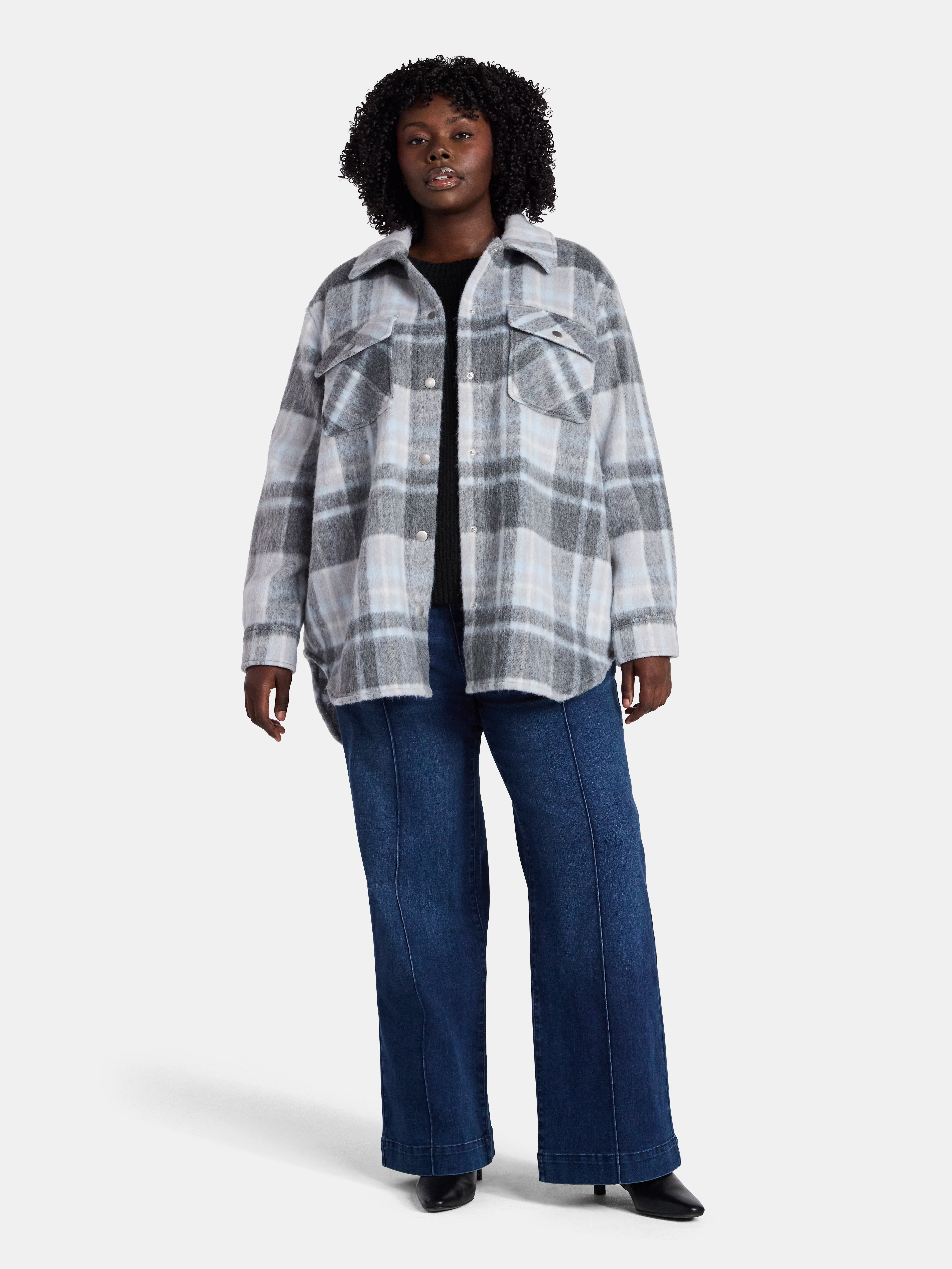 Terra & Sky Women's Plus Longline Brushed Plaid Shacket, Midweight, Sizes 0X-5X