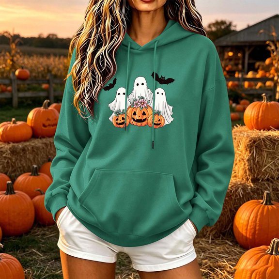 Molidfa Women's Halloween Ghost Hoodie Cute Pumpkin Graphic Oversized Pullover Sweatshirt