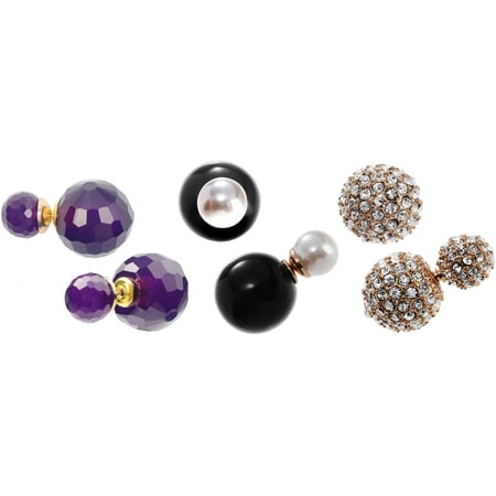 Brinley Co. Women's Brass Pearl CZ Peekaboo Ball Stud Earrings Set, 3 Pairs