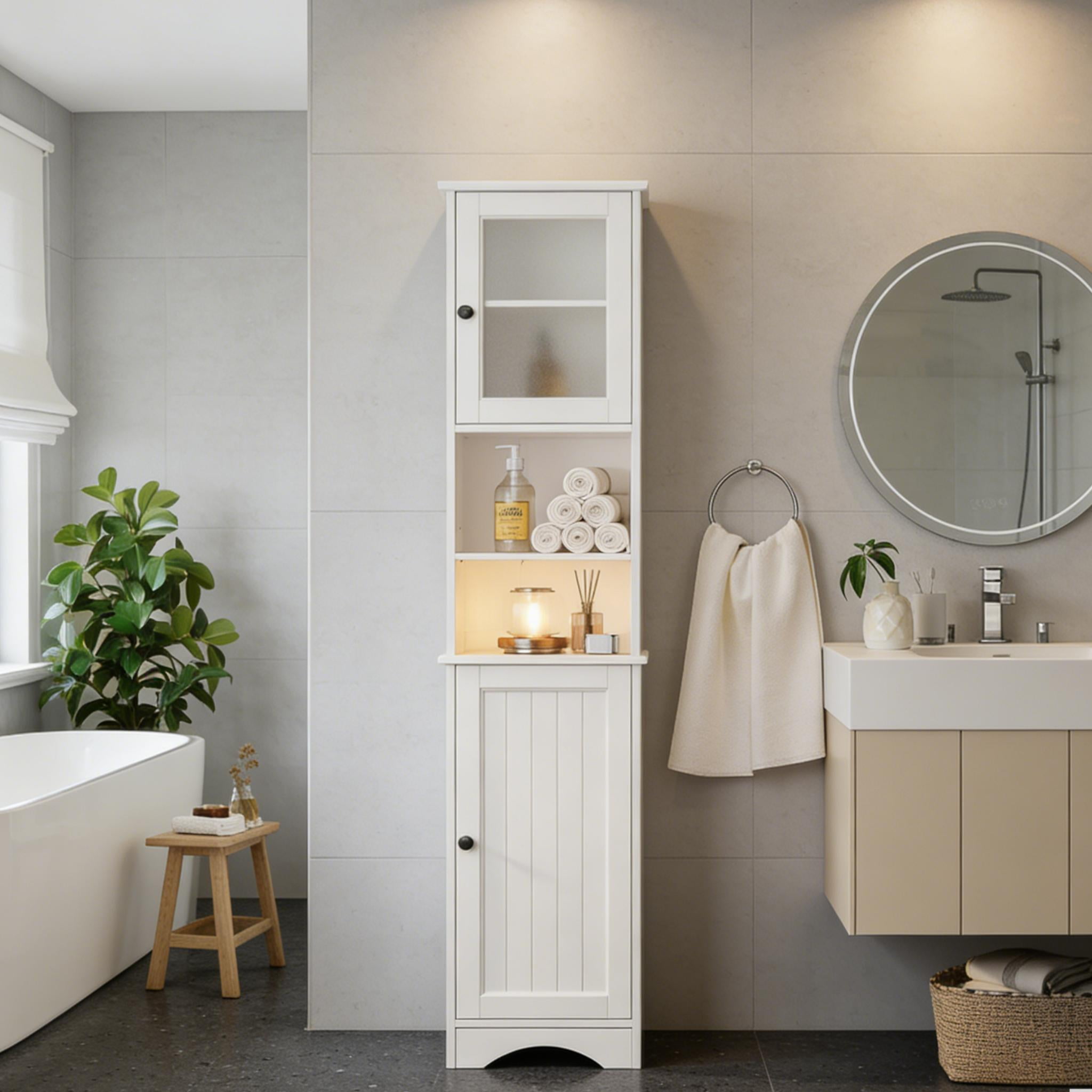 Tall Bathroom Storage Tower, 67.1" Bathroom Cabinet with Adjustable Shelves and Open Shelves for Bathroom, Living Room,White