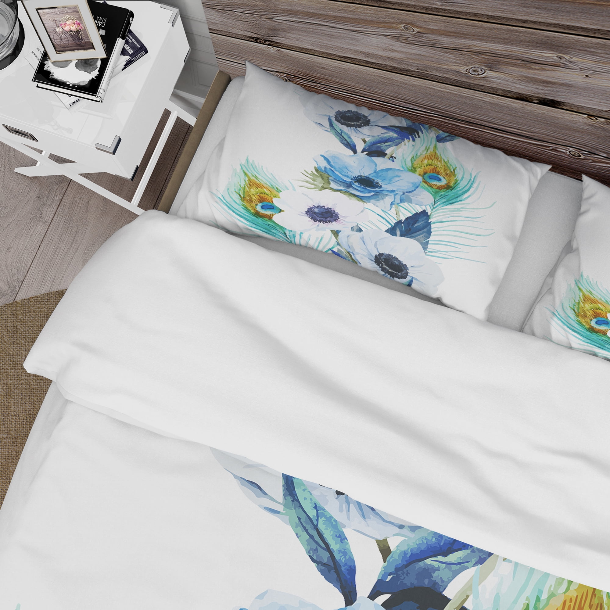 Designart 'Anemones And Peacock Feathers' Floral Duvet Cover Set