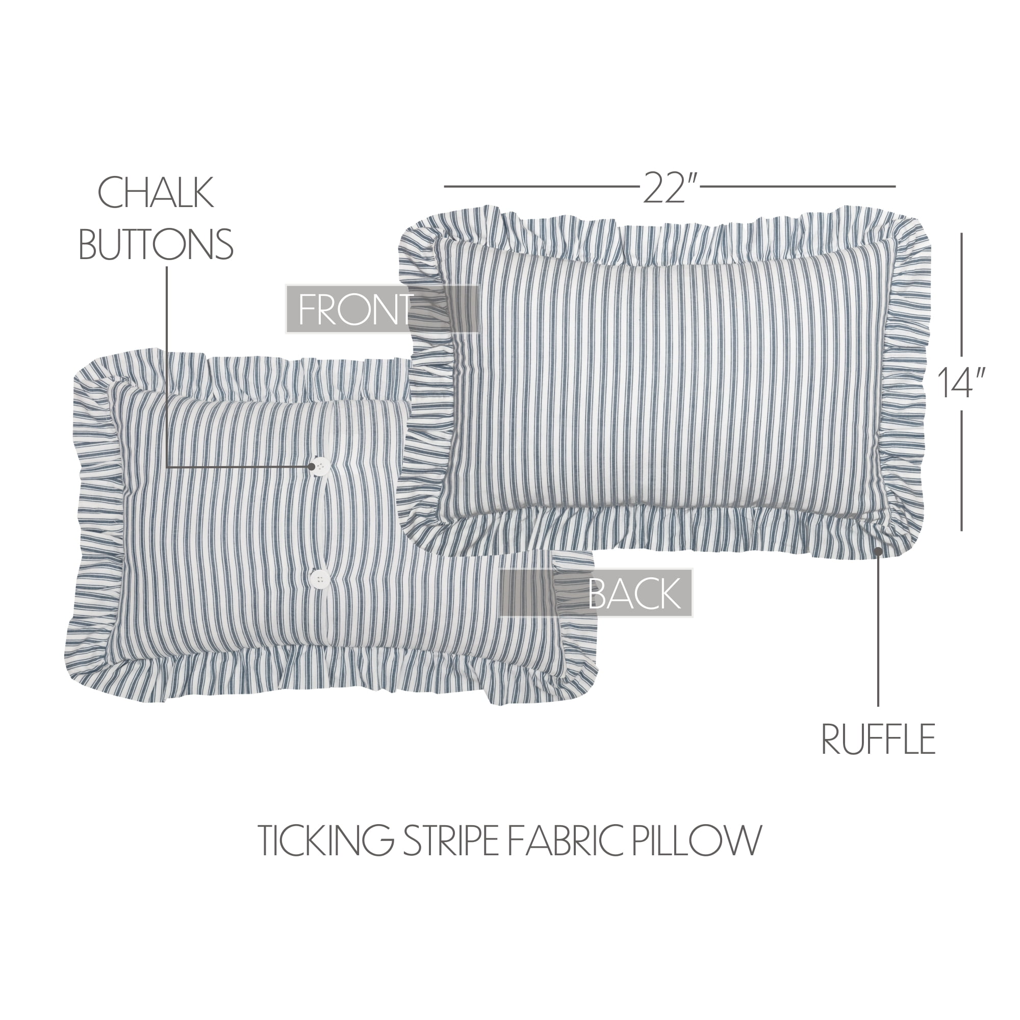 VHC Brands Sawyer Mill Ticking Striped Cotton Farmhouse Pillow 22x14 Filled Bedding Accessory, 14x22, Blue Denim