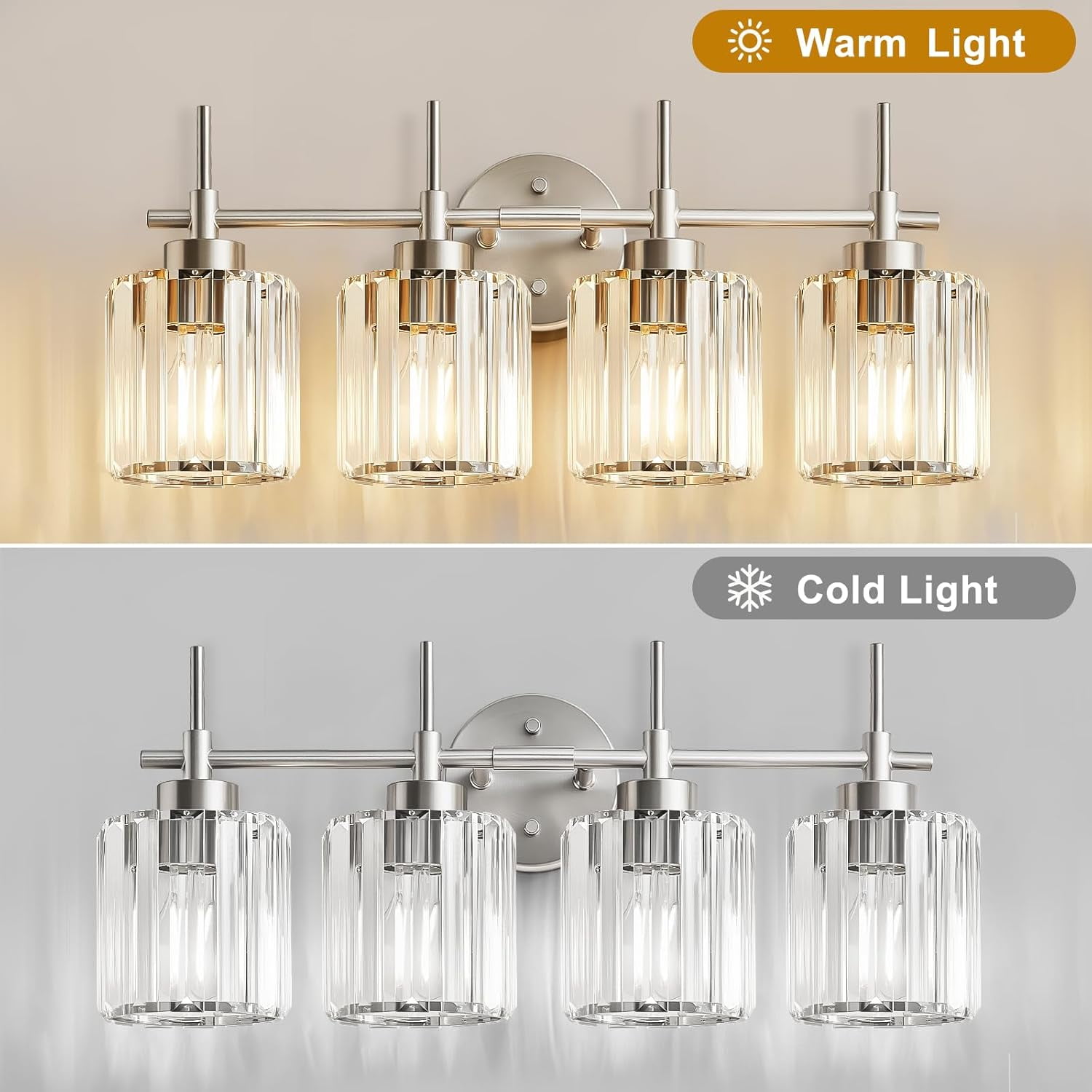 NATYSWAN 4 Lights Round Crystal Vanity Lights, Modern Crystal Wall Light Bath Mirror Light Fixture Over Mirror Bathroom Wall Sconces for Bathroom Living Room