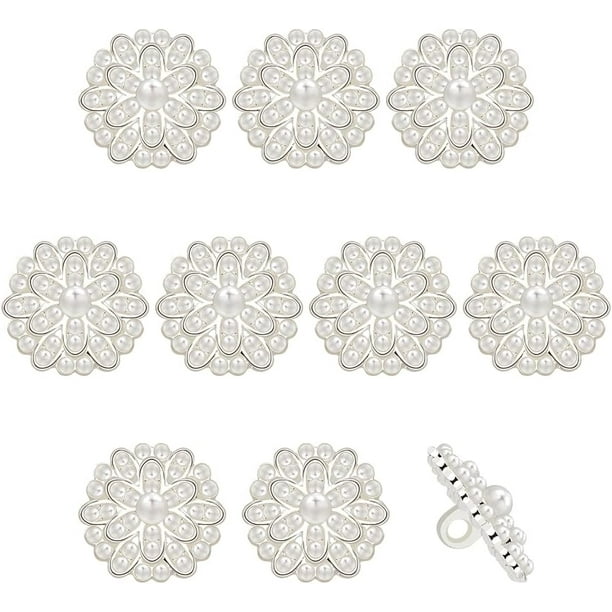 10 botones de flor de perla de 0,67 x 0,73 pulgadas, botones de vástago de perla de metal plateado con 1 agujero, perla artificial, botones para coser en la ropa