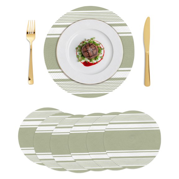 Round Placemats Sage Green Stripe 15 inch Set of 6 Table Mats for Dining Table Modern Thin White Lines Heat Resistant Non-Slip Kitchen & Home Decorative Place Mat Set