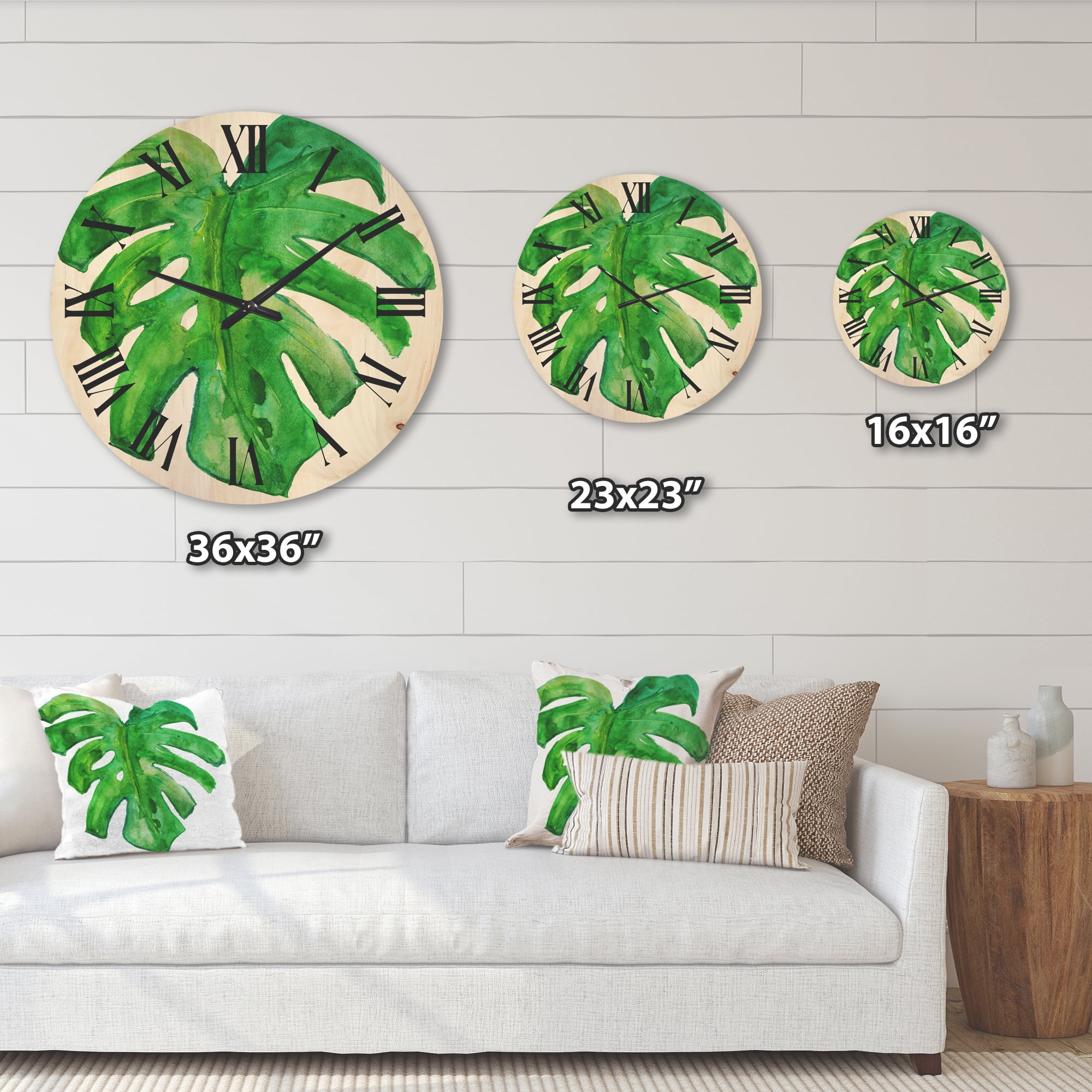 Designart 'Close Up Of Tropical Leaf Of Monstera I' Farmhouse Wood Wall Clock