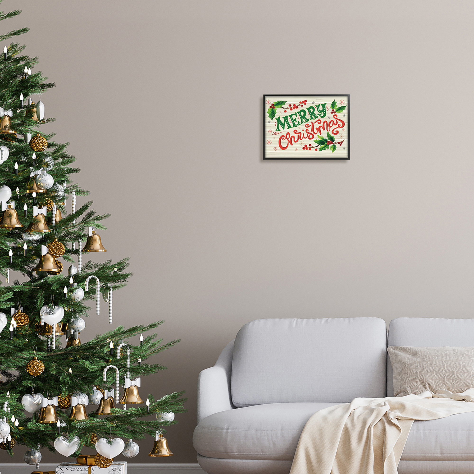 Jovial Merry Christmas Text Holly Berry Botanicals Inspirational Graphic Art Framed Art Print Wall Art