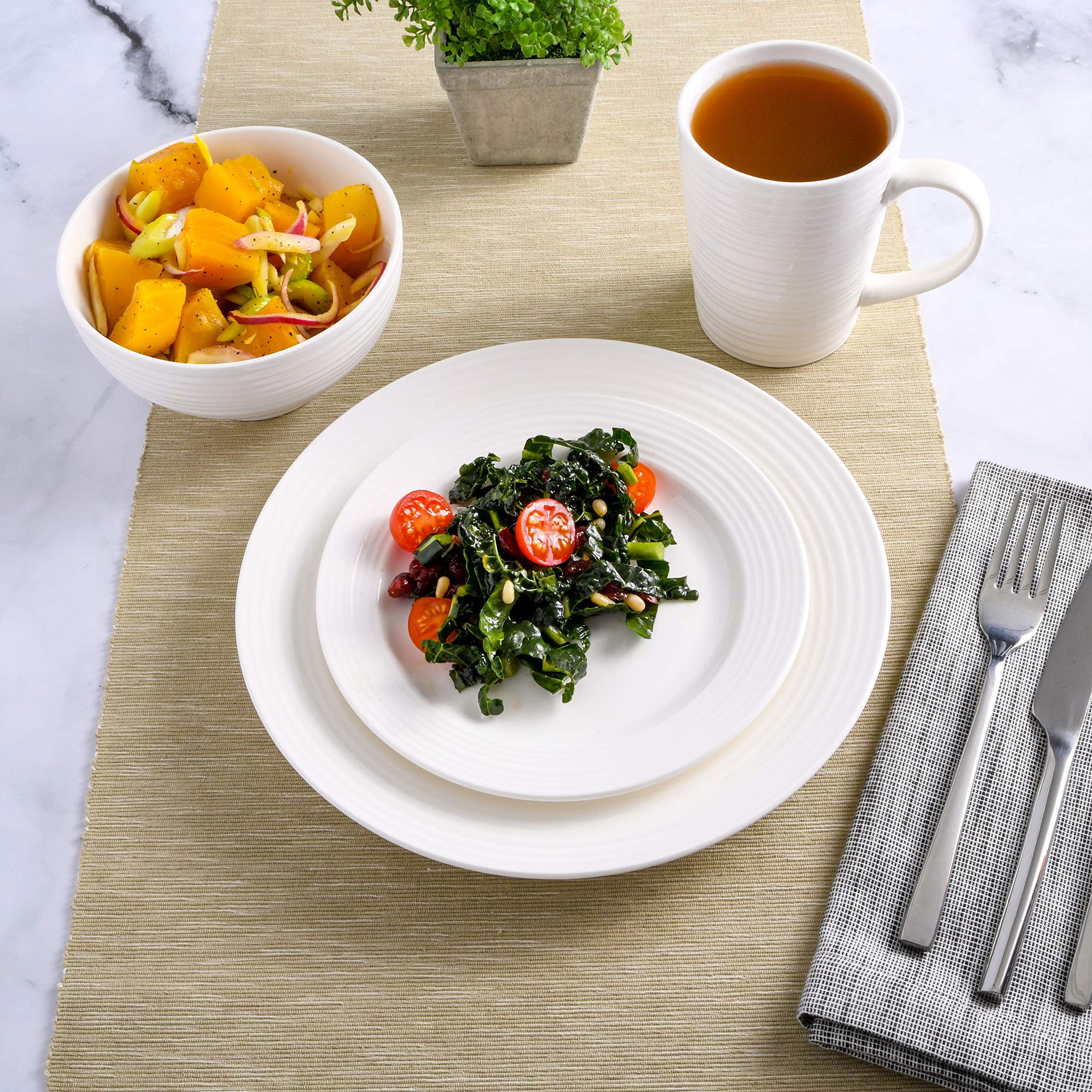 Home Zen Buffet White Porcelain Dinnerware Set for 4 with Square Plates, Bowls, Mugs, Chip and Scratch Resistant, Dishwasher and Microwave Safe, 16 Piece