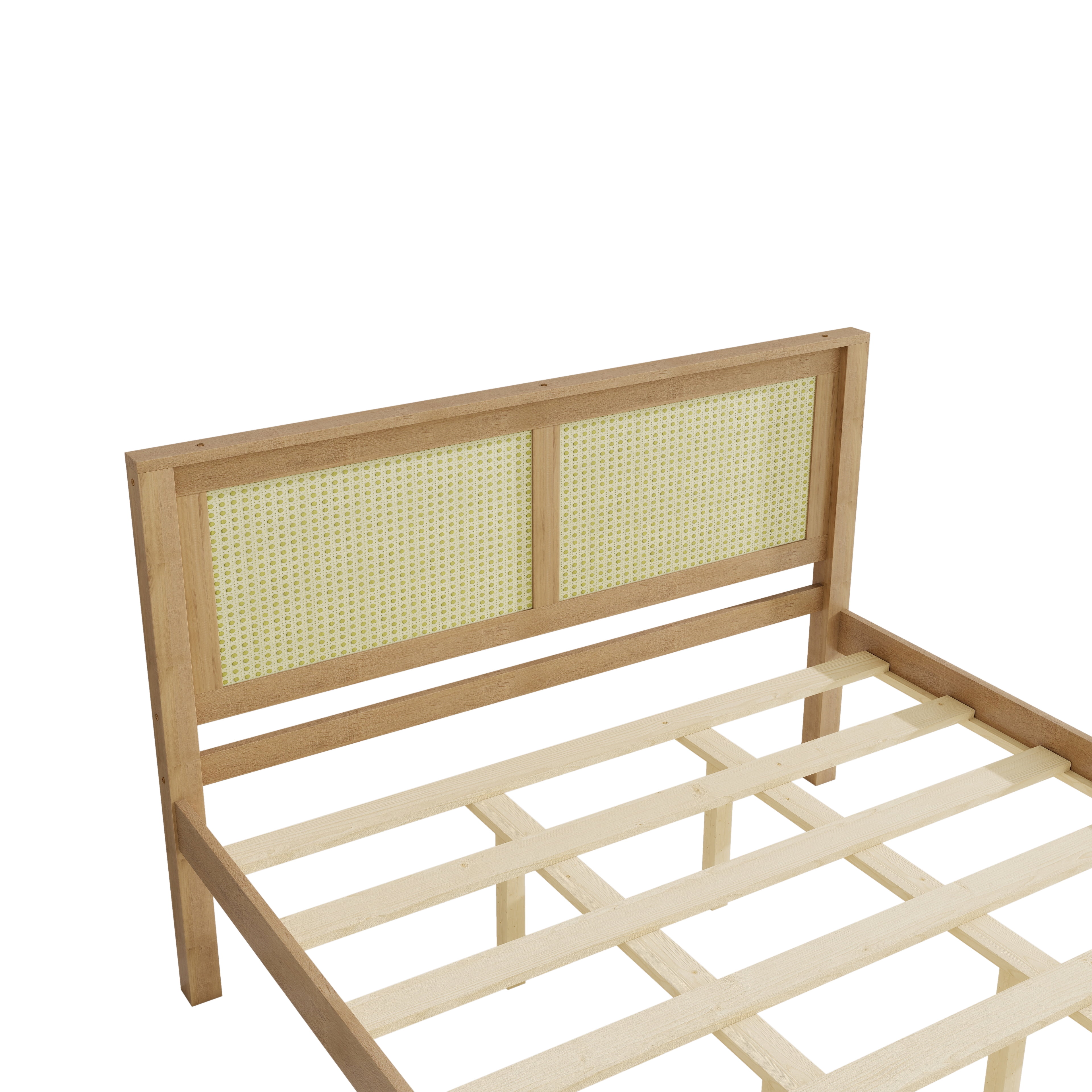 Queen Bed Frame with Rattan Headboard, Solid Wood Platform Bed and Farmhouse Boho Bed Frame with Under-Bed Storage for Bedroom, Natural Wood