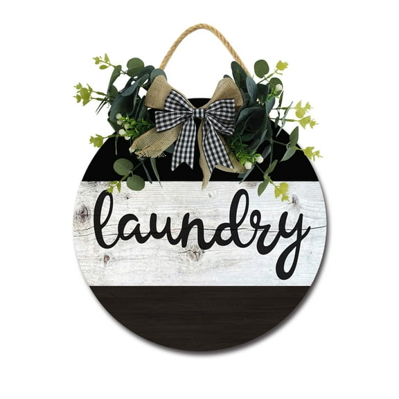 Laundry Sign Front Door Porch Decorations, Round Rustic Wood Hanging Sign for Farmhouse Porch Outdoor Home Holiday Front Door Sign Decor