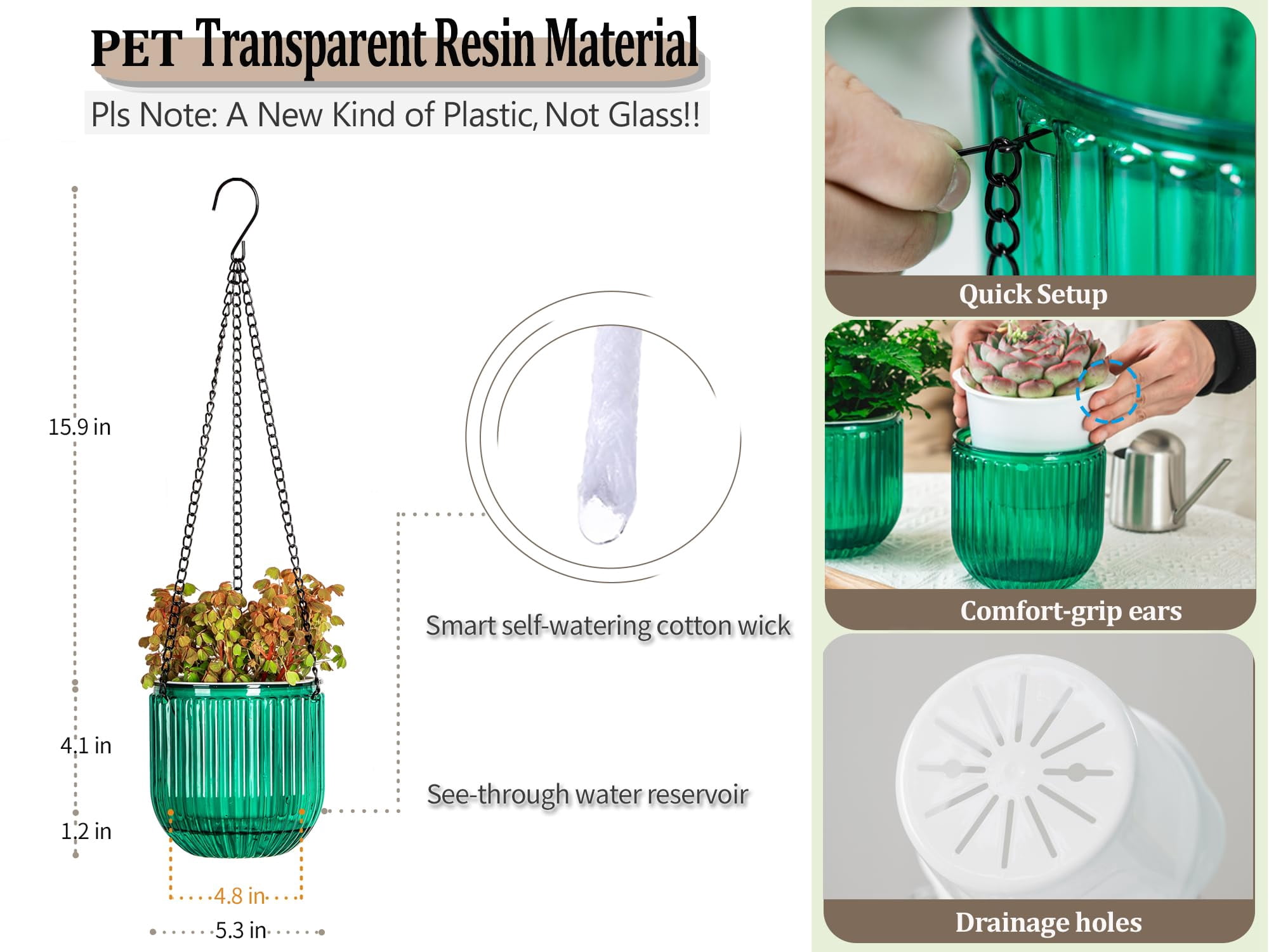 2 Pack Self Watering Hanging Planters 6.5 Inch Indoor Outdoor Flower Pots with Drainage Holes and Hooks for Garden Home Decor