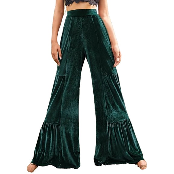 GNFQXSS Women's High Waisted Tiered Wide Leg Velvet Pants Flowy Dressy Trousers for Party Evening & Special Green M