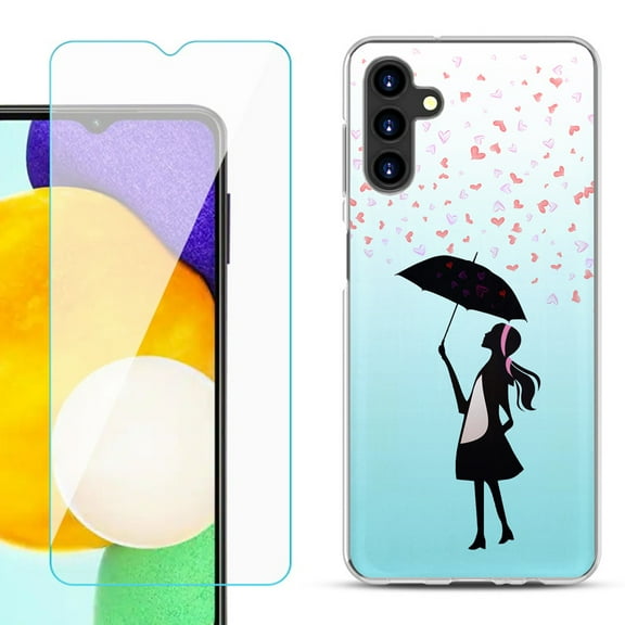 Slim-Fit TPU Fashion Phone Case for Samsung Galaxy A13 5G, with Tempered Glass Screen Protector, by OneToughShield ® - Rain/Hearts
