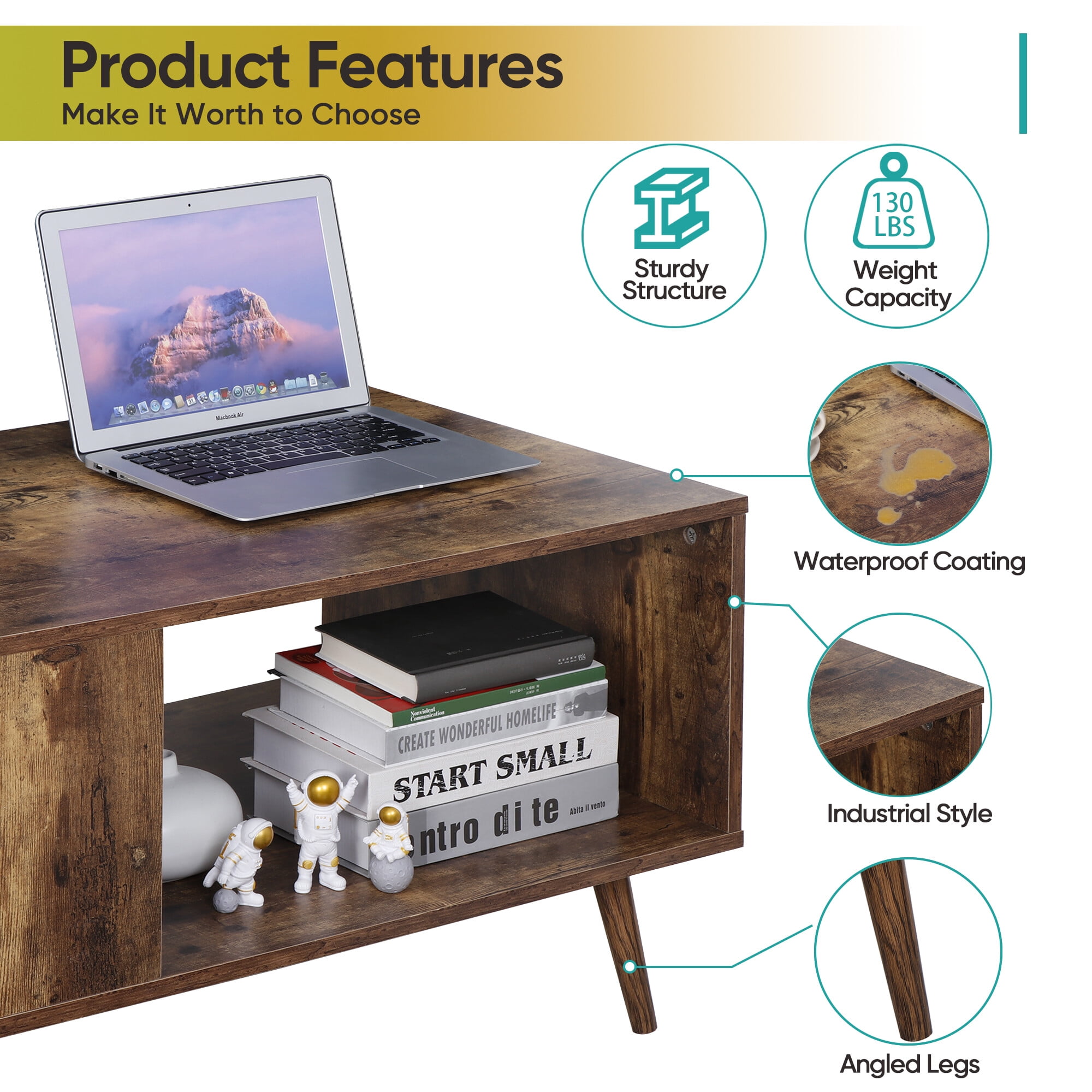 HomGarden 2-Tier Wood Coffee Table Retro Sofa Side Table Cocktail Table for Living Rom Brown
