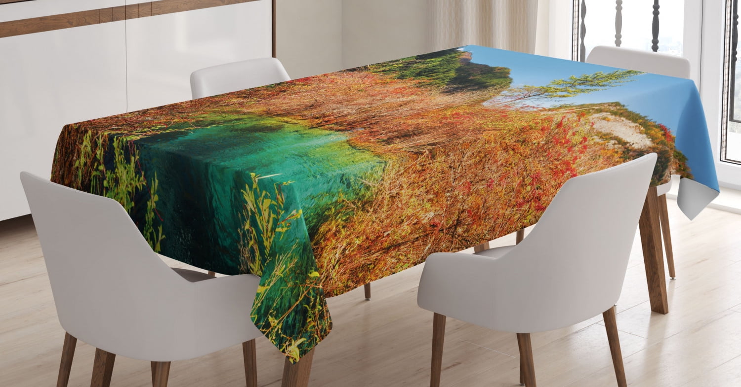 Nature Decor Tablecloth, Idyllic Fall Landscape with a Creek among ...