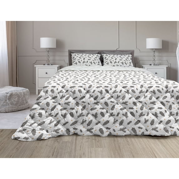 Earth Tones Comforter & Sham Bedding Set, Christmas Winter Theme with Pine Cones Snowflakes Spruce Tree, 3 pcs Duvet Set Microfiber Filling Quilt, 5 Sizes, Charcoal Grey White, by Ambesonne