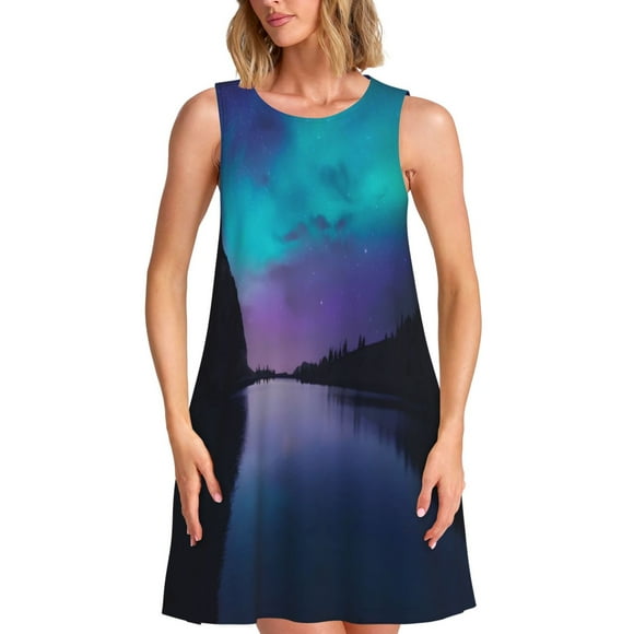 Vsdgher Night At Lake Aurora Print Summer Dresses for Women Casual U Neck Beach Dress Sleeveless Tank Loose Sundress with Pocket