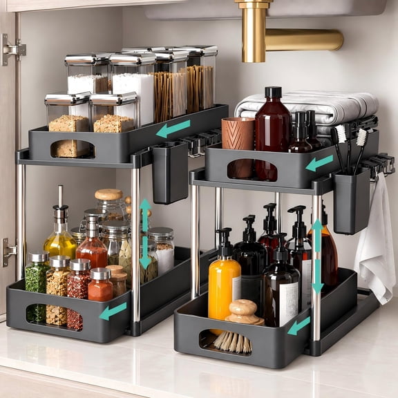 GPED 2 Pack Under Sink Organizer, Adjustable Height Bathroom Cabinet Organizer,Double Sliding Undersink Cabinet Storage Shelves with Hooks & Hanging Cup for Kitchen Bathroom