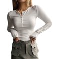 thumbnail image 2 of White Women's Long Sleeve T-shirt, 2023 Long Sleeve Shirts For Women V Neck Henley Tops Slim Fit Basic Ribbed Knit Button Down T Shirts Tops,Women's Long sleeve T-shirt XXL, 2 of 6
