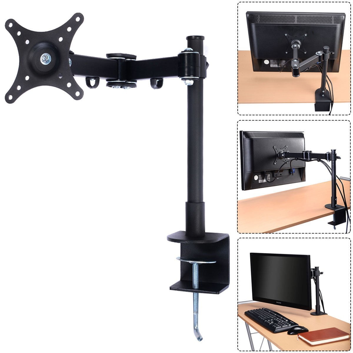 Single Arm Monitor Desk Table Mount Stand/For 1 LCD Fully Swivel Clamp ...