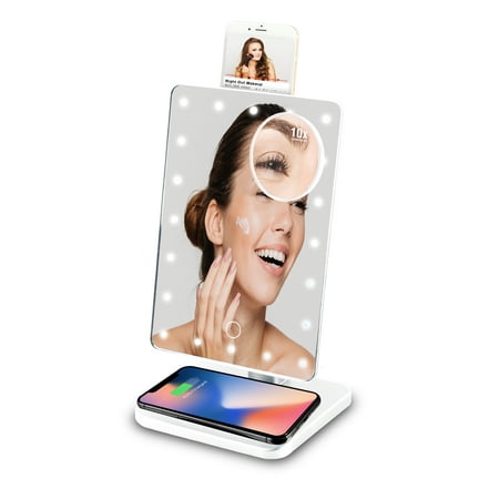 Vivitar Makeup Mirror 10x Magnification 180 degree rotation with Wireless Bluetooth Speakers, Adjustable LED Lights, and Qi Wireless Charging Pad White