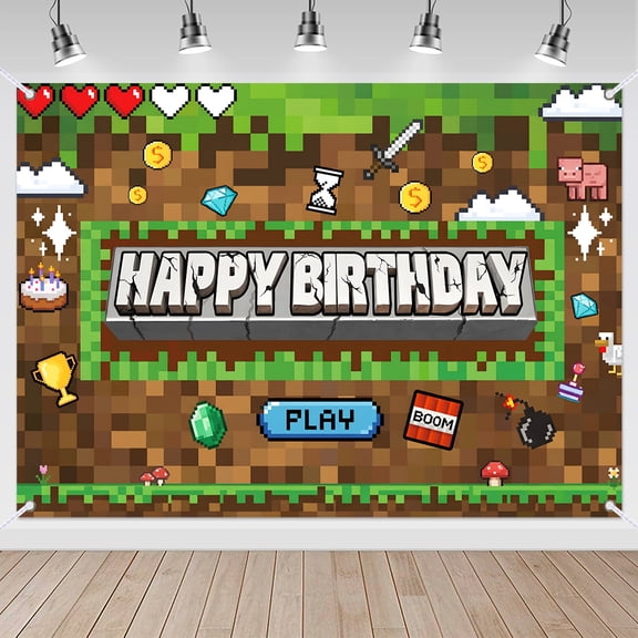 7x5ft Pixel Miner Game Happy Birthday Backdrop for Party Decor