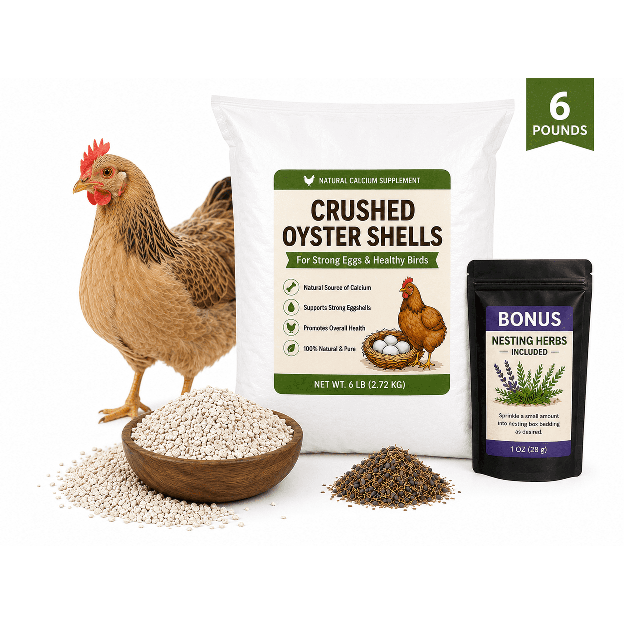 Crushed Oyster Shells with bonus chicken nesting herbs, Chicken Oyster Shells for Laying Hens, 6 Pounds