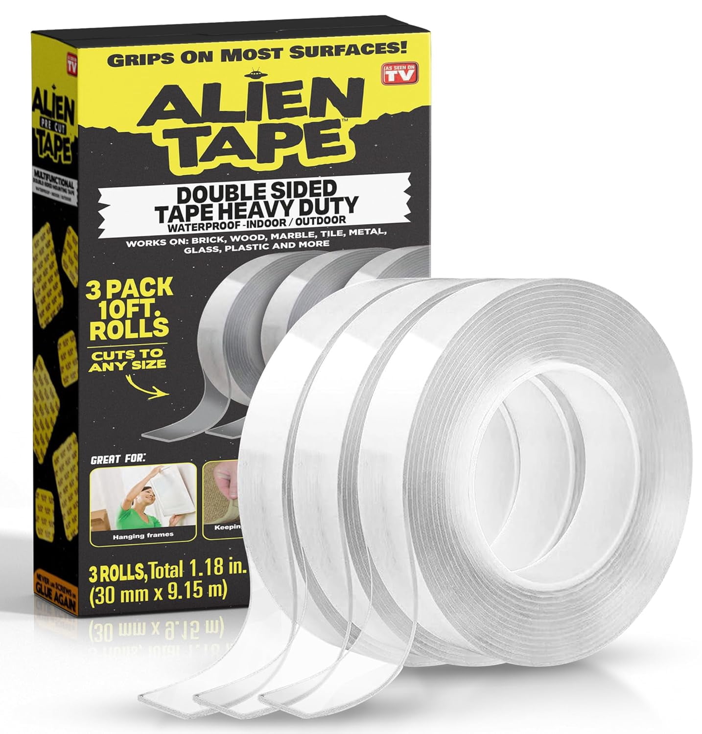 (3 pack) Alien Tape Double Sided Mounting Tape 3 Rolls Heavy Duty Nano Two Sided Clear 1.18 in x 10 ft