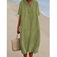 thumbnail image 1 of Vestido de mujer de algodón y lino de color liso con escote en V grande y moderno, 1 of 6