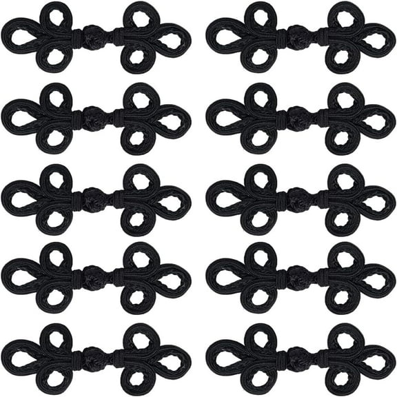 10Pcs Handmade Chinese Frog Knot Buttons Sets Nylon Buttons Flower Shape Black 58x147x14.5mm