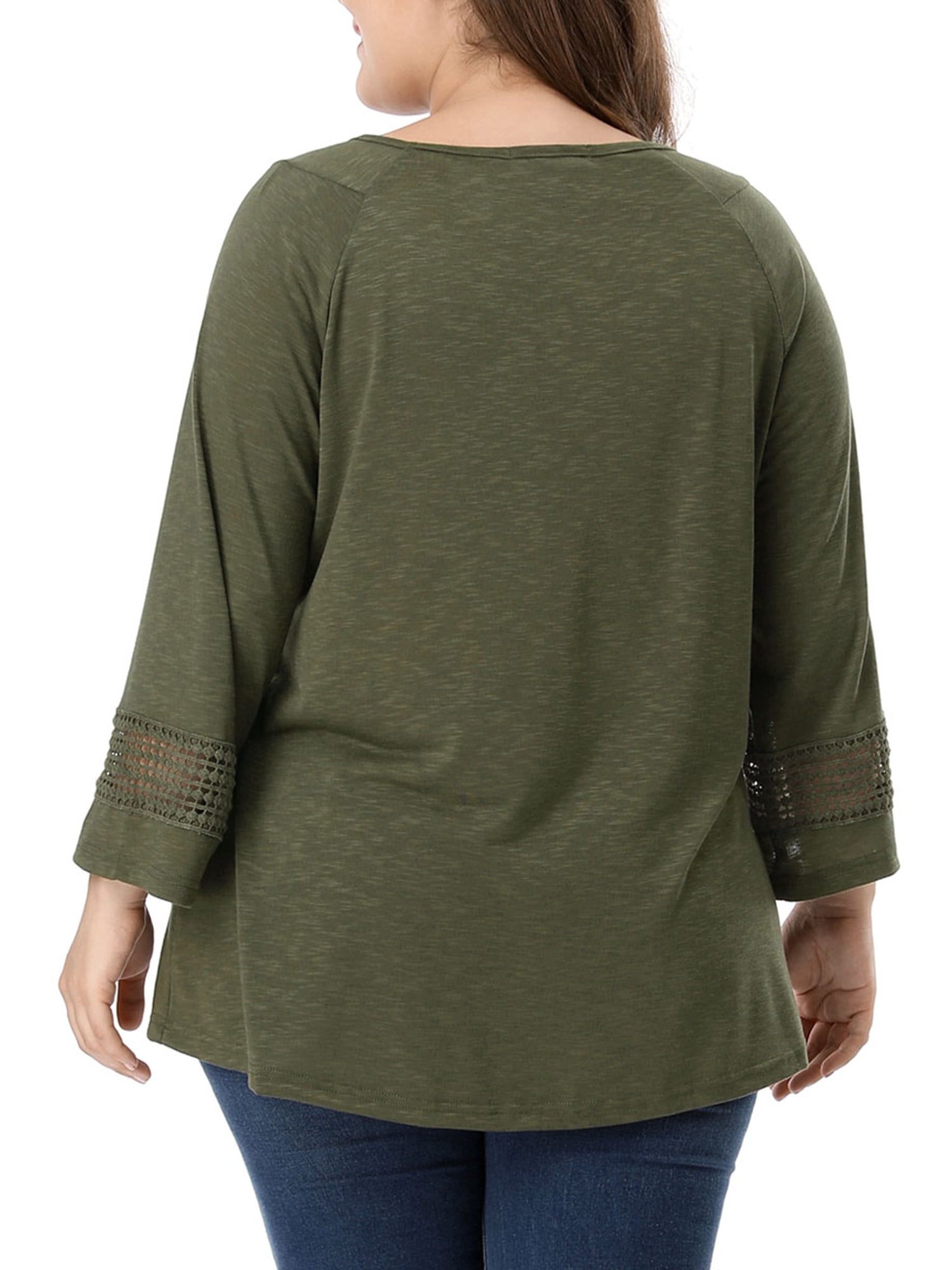 Unique Bargains Juniors' Plus Size Crochet Panel Kimono Raglan Sleeves Ruched Front Top Green 4X