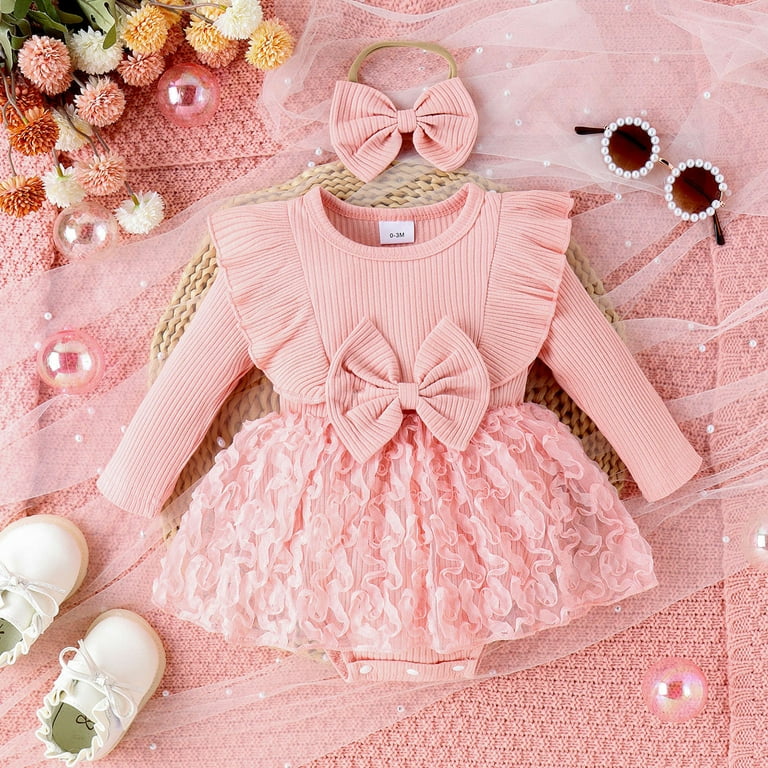 FYMNSI Baby Toddler Girl Ribbed Bowknot Princess Dress with Headband Infant  Long Sleeve Tulle Tutu Dresses Newborn 3D Butterfly Romper Outfit 3-6  Months Pink1 - Walmart.com